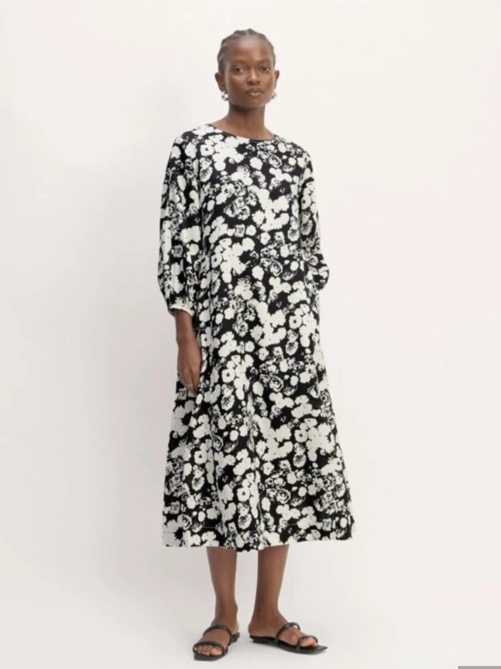 Everlane Black and White Linen Floral Midi Dress